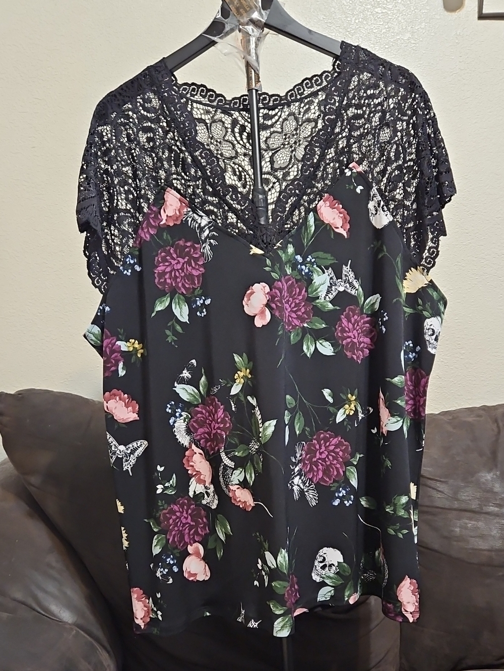 torrid Black Floral Skull Lace-Back V-Neck Blouse